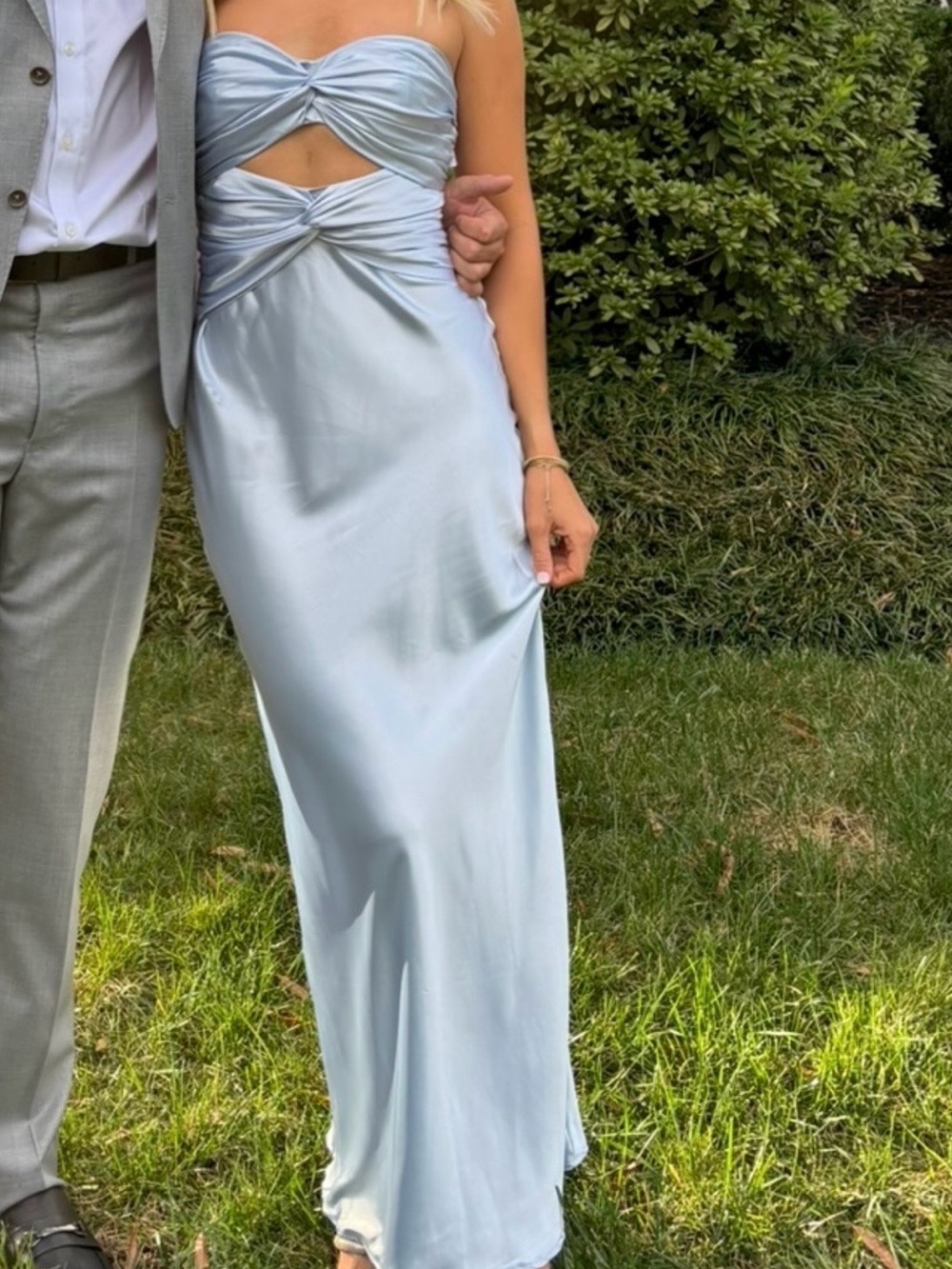 Selfie Leslie Light Blue Strapless Satin Twist-Cutout Maxi Dress